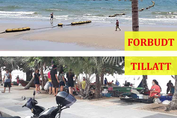 Turister får ikke oppholde seg på strendene i Pattaya, mens de som selger fersk fisk på de samme strendene får holde på – med munnbindet under haken.